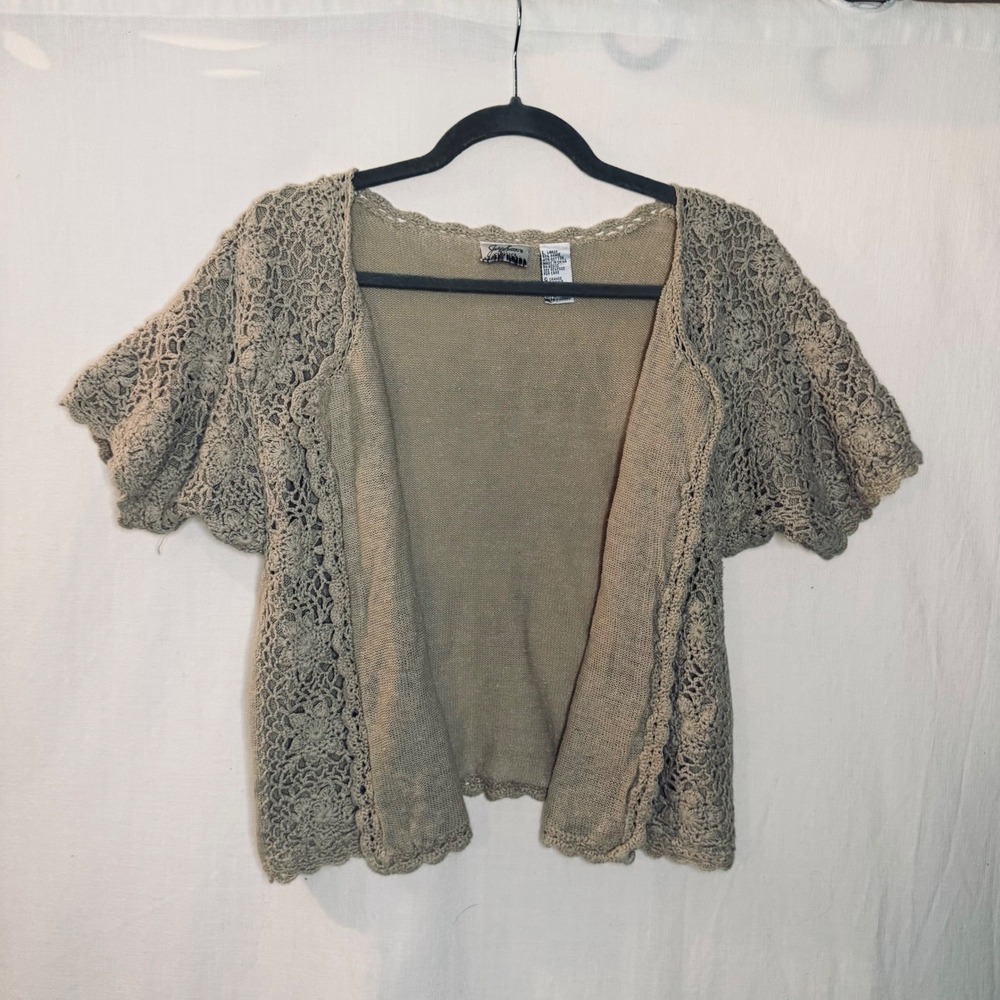 Jaclyn Smith Classics Vintage Beige Crochet Short Sleeve Cardigan Sweater Large